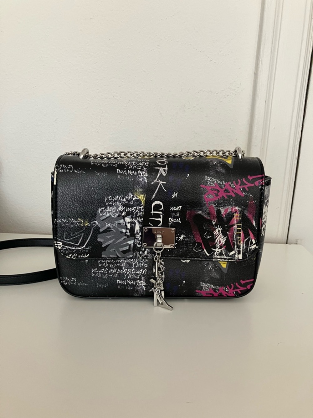 DKNY Black Graffiti-Print Bag with Chain Strap